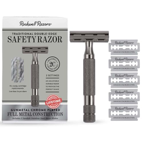 ROCKWELL RAZORS 2C Gunmetal Chrome Double Edge Safety Razor With Adjustable Shave Settings and 5 Fully Recyclable Razor Blades. Reusable Safety Razors for Men and Women