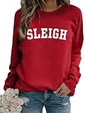 MNLYBABY Sleigh Christmas Sweatshirt Women Merry Christmas Holiday Crewneck Long Sleeve Shirts Funny Xmas Pullover Top Red
