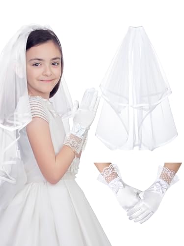 Geyoga 2 Pcs First Holy Communion Veil and Gloves Set 1st Holy Communion Accessories for Girls Wedding Party Costume (4-8 Years) White