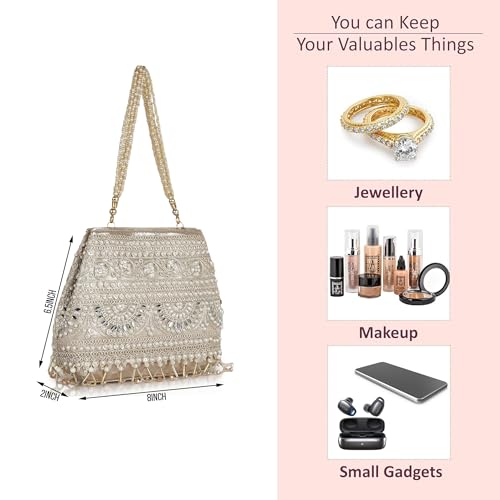 Image of Nevis Stylish Embroidery Unique Design Traditional Wedding Party Handheld Potli Bag For Women (GOLD)
