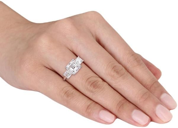 Jewels by Parijaat 3 Cttw Asscher Cut Created Diamond Three Stone Prong Set Wedding Engagement Ring In 14K White Gold Over 925 Sterling Silver
