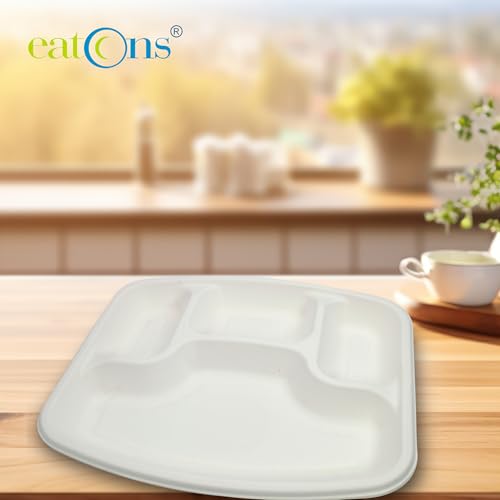 Image of EATONS | 4 Compartment Bagasse Meal Tray | 11 Inch - Pack of 100 | Disposable Plates Big Size | Sugarcane Paper Plates | Great for Events, Caterers & Buffet | Heavy Duty, Leakproof, Microwave Safe