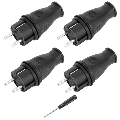 4 Pièces Fiches de Rechange, Fiche Electrique 250V 16A, Protection IP44, Électriques Male Schuko Standard, Fiche Prise Electrique Male Noire pour Câble Intérieur et Extérieur, Tournevis Inclus