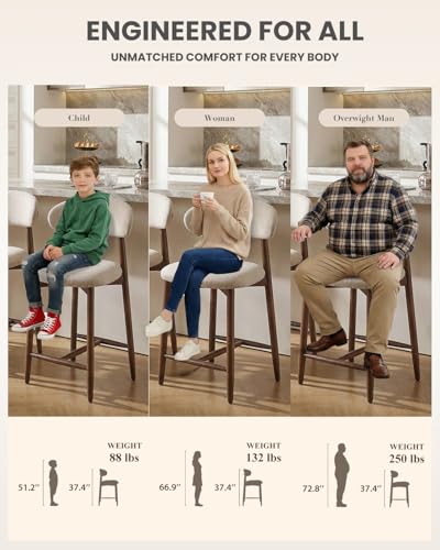Image of Bar Stools Set of 2, 25.6″ Counter Height Bar Stools with Wood Legs, Upholstered Modern Kitchen Barstools for Kitchen Island Dining Room Bar, Beige