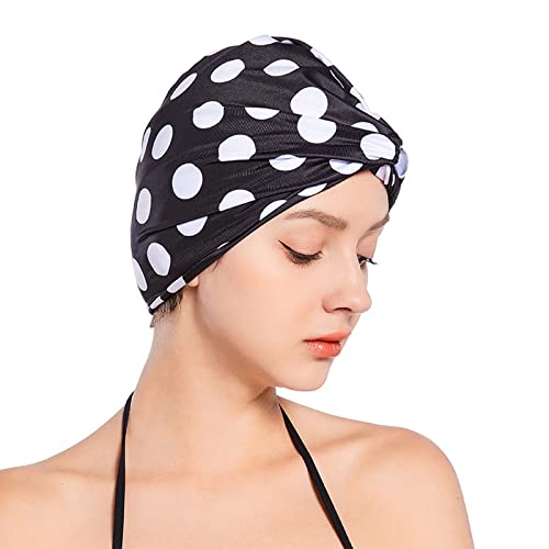 SUNTRADE Women Lady Girls Bathing Cap Long Short Hair Swiming Cap Pleated Knotted Turban Hats Non-Waterproof Swim Cap (Black-White) - Image 4
