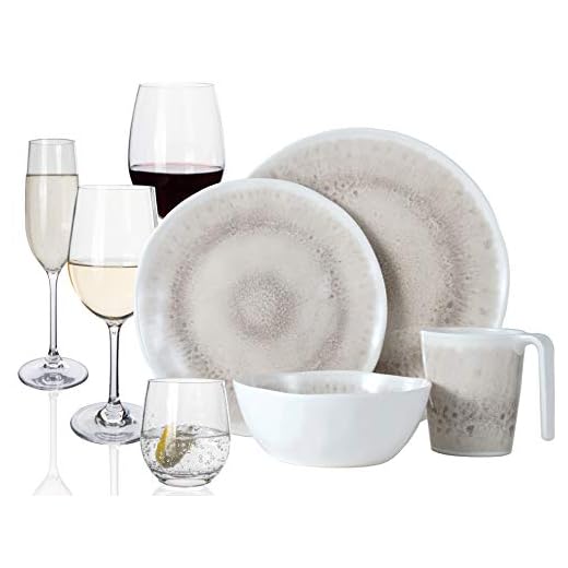 Melamin Camping Geschirr Set 4 Personen Amboss Design 16 Teilig + 16 Gläser Wasser Weingläser Champagner Tafelgeschirr Picknick BBQ Kochgeschirr
