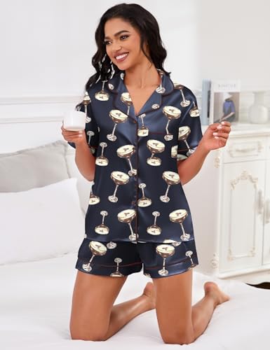 Image of SHESHOW Satin Pajamas for Women Set Preppy Animals Pjs Short Sleeve Shorts 2 Piece Loungewear Sets XS-XXL