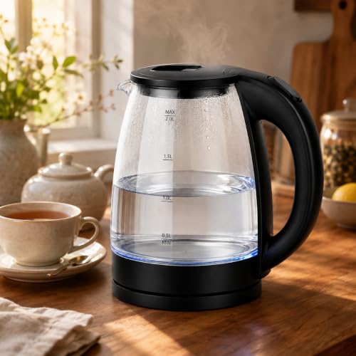 Image of 2 Litre Electric Kettle with Blue Indicator Light, 360 Degree Swivel Base, Automatic Shut Off, Borosilicate Glass Body, Fast Boil Water Heater for Tea, Coffee & Hot Water (TRANSPARENT)