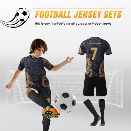 Pardofelis Camiseta de fútbol para niños, camiseta nº 7, camiseta de fútbol, pantalones cortos, calcetines y espinilleras, juego de camiseta de fútbol al aire libre para niño, Negro , 22