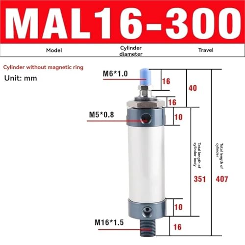Vérin pneumatique MAL16 double effet pour guidage et poussée mécanique alésage 16 mm