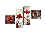 Noah Art-Rustic Flower Art, Red Tulip Flower Picture 100% Hand Painted Floral Artwork Modern Abstract Flower Oil Paintings on Canvas, 4 Piece Framed Flower Wall Art for Bedoom Wall Decor