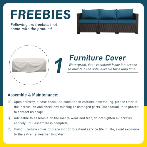 Valita Patio Furniture 3-seat Sofa Brown Wicker Outdoor Furniture Outdoor Couch Deep Seat High Backrest Waterproof Cover Anti-Slip Washable Cushions, Peacock Blue