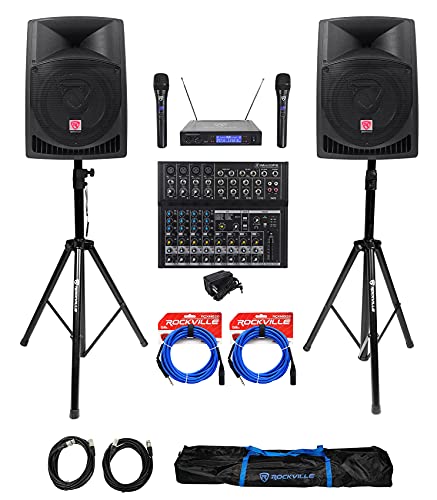 (2) Rockville 12" 1600W Active Pa/Dj Speakers+Mackie Mixer+Mic+Stands+Cables+Bag #TOP21