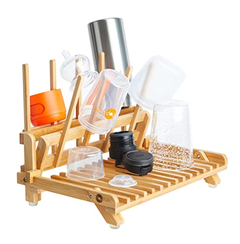 Image of PopYum Space Saving Bamboo Drying Rack, Counter countertop Wood Folding Collapsible for Baby Bottle, Plastic Bag, Cup, Glass, Silicone, Dish, Water Bottle, Wooden, Compact, Accessories, Kitchen