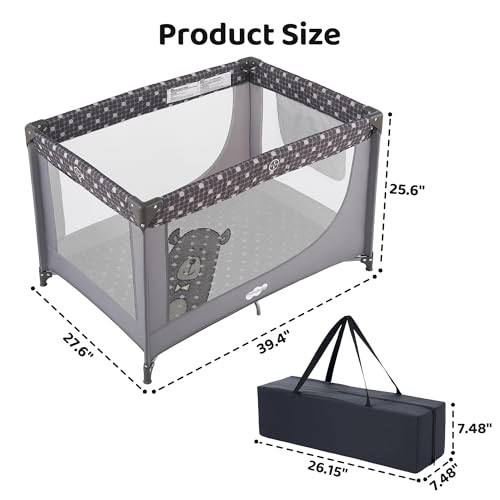 Pamo Babe Compact Pack and Play - Portable Crib for Baby, Lightweight Foldable Travel Playard with Mattress Pad & Carry Bag, Safe Breathable Travel Bed for Home, Trips & Family Visits, Cute Pattern