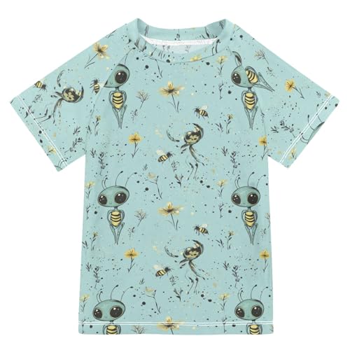 Little Girls Bathing Suitt Short Sleeve Girls Rashguard 4T Cute Aliens Turquoise