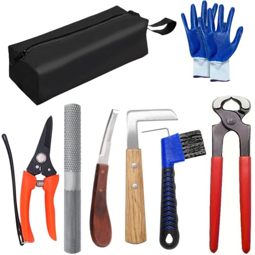 Image of 10 inch Farrier Tool Kits （8 Piece）Horse Goat Hoof Trimmers Carbon Steel Nippers Shears Nail Clipper Mini Rasp Hoof File Professional Farriers Hoof Nipper Cutter Handle Knife with Storage Bag