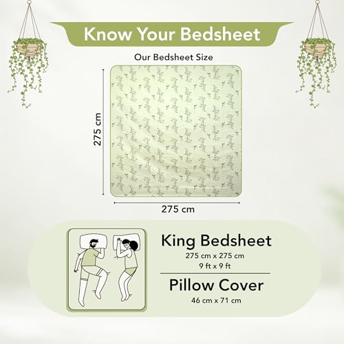 Image of Divine Casa Cotton King Size Bedsheet 210 TC | Soft Skin Friendly Breathable Bed Sheet with 2 Pillow Covers | Pigment Twill Satin Bedding Set | 275 x 275 cm (Pista Green, Floral)