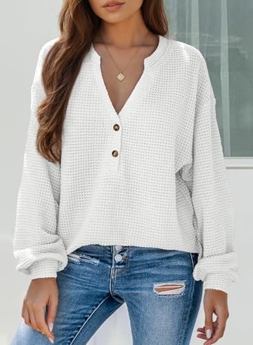 Dokotoo Womens Waffle Knit Tops 2025 Dressy Casual Button Shirts Long Sleeve V Neck Blouses Basic Tee4