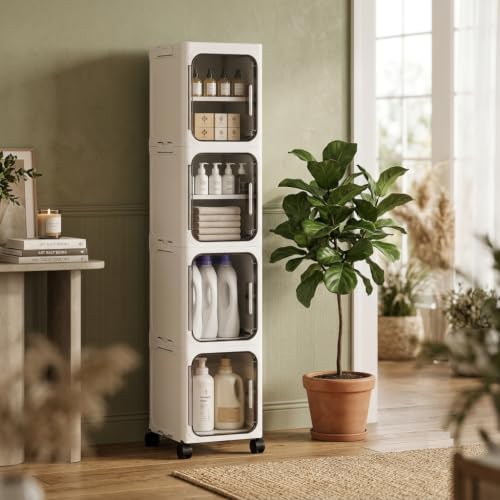 Image of KRISHYAM 4 Door Slim Plastic Storage Cabinet with Wheels, Narrow Multipurpose Organizer with Transparent Doors, Removable Shelves & Magnetic Closure for Bathroom, Kitchen, Laundry, White