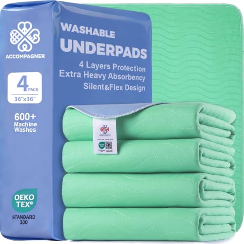 Image of Accompagner Incontinence Bed Pads Washable Waterproof, Ultra-Absorbent Reusable Underpads for Diaper Changing, Nursing, Bedridden, Adults, Seniors, Kids and Dogs (Green, 36 inchx36 inch(Pack of 4))