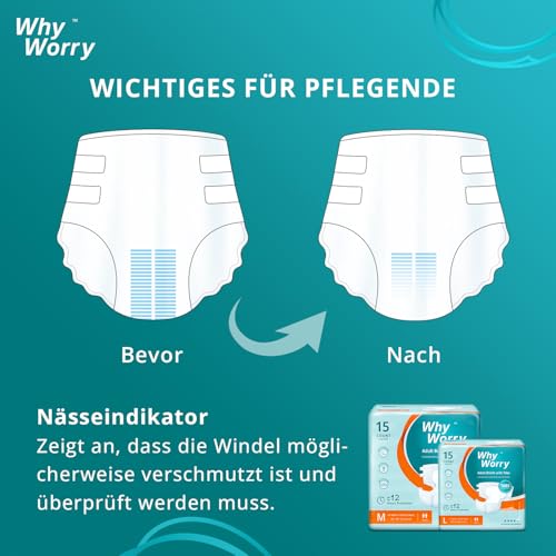 WhyWorry Windeln für Erwachsene, Inkontinenz Slip für Frauen und Männer, Erwachsenen Windel mit maximale Saugfähigkeit, Auslaufschutz über Nacht, Unisex, Größe XL, 15 Stück
