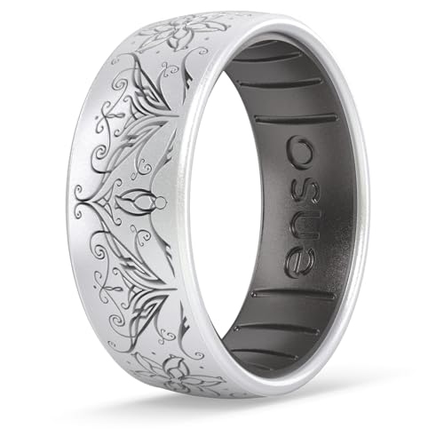 Enso Rings Lord of the Rings Silicone Ring - Comfortable and Flexible Design - 6.6mm Wide 1.75mm Thick - Galadriel - Pearl/Platinum - Size 9