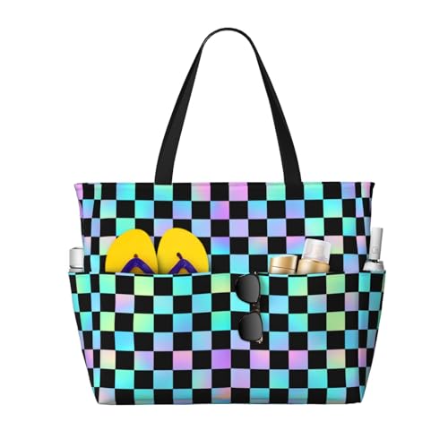 Large Beach Bags for Women Sandproof - Iridescent Checker Print Summer Work Travel Tote Bags with Zipper