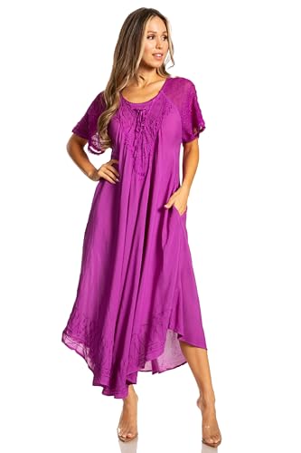 Image of Sakkas Egan Long Embroidered Caftan Dress /Cover Up with Embroidered Cap Sleeves