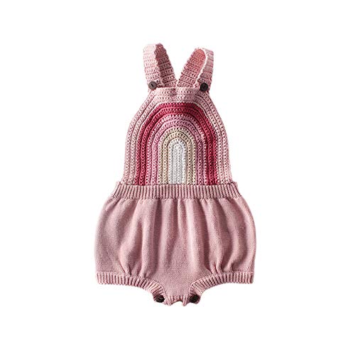 Infant Baby Boy Girl Rainbow Print Romper Ribbed Knitted Bodysuit Sleeveless Halter Button Onesie Newborn Outfits (A-Pink, 12-18M)
