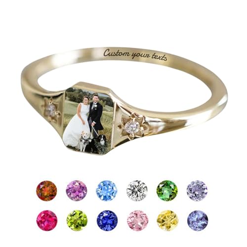 LOFART Custom Photo Ring 925 Sterling Silver Personalized Birthstone Rings