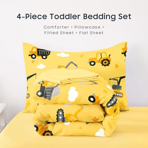 Image of Wake In Cloud - Toddler Bedding Set for Boys, Construction Car Excavator Truck, 4 Pieces Soft Crib Bed Set Including Comforter, Sheets and Pillowcase, Yellow