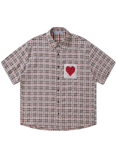 Aelfric Eden Cut-Out Heart Short Sleeve Shirt Collar Button Down Plaid Casual Tshirt Tops