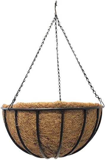 Garden & Home 14 Inch Hanging Basket with Coconut Fiber Liner - Weather Resistant, Black Vinyl Coating, Heavy Duty Chain Included, Solid Round Bar - Patio Décor, Indoor Outdoor Use, Flower Pot