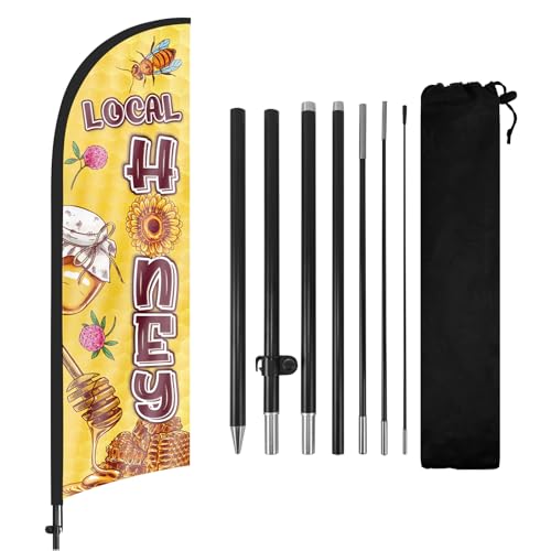 Local Honey Feather Flag with Pole and Ground Stake, 8FT Swooper Advertising Banner Sign for Honey Stands, Farmers Markets Local Honey Businesses