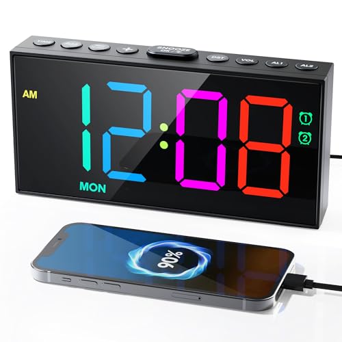 RGB Digital Alarm Clock for Bedroom, Dual Alarms ,Weekday/Weekend/Everyday Mode, 7 Dimmer,5 Volume,2 Charging Ports, 9-min Snooze,Memory Function,Plug in Desk Clock Large Display for Kids/Teens