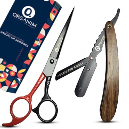 Image of Professional Barber Shaving Razor for Men with Wooden Handle and Stainless Steel Clip Head Razor | Includes Hair Cutting Scissor | Salon-Grade Shaving and Grooming Kit