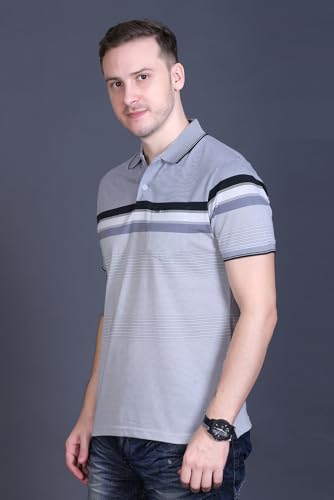Image of GODFREY Striped Tshirt Shirts Men Cotton Polo T Shirt for Man with Pocket - Regular Fit Half Sleeve Collar T Shirts for Men