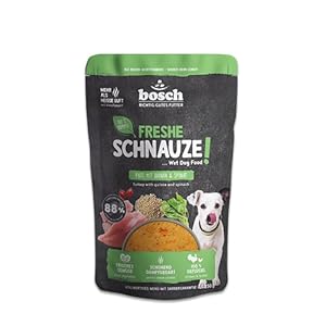 Bosch Freshe Schnauze, Pute mit Quinoa und Spinat 1 x 250 g, Schonend Dampfgegartes Nassfutter für Hunde, Vollwertiges Alleinfuttermittel mit hohem Fleischgehalt, 250 g Hundenassfutter