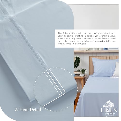 Image of Linen Home 100% Cotton Percale Sheets Twin Size, Blue Duck Egg, Deep Pocket, 3 Pieces Set- 1 Flat, 1 Fitted and 1 Pillowcase, Crisp Cool and Long Staple Strong Bed Linen