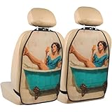 FireDeer Woman Lying in A Cyan Bathtub Vintage Car Seat Back Kick Protectors,2 Pack Kick Mats with Storage Pockets for Vehicles to Protect from Dirt Mud Scratches