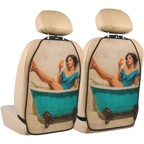FireDeer Woman Lying in A Cyan Bathtub Vintage Car Seat Back Kick Protectors,2 Pack Kick Mats with Storage Pockets for Vehicles to Protect from Dirt Mud Scratches