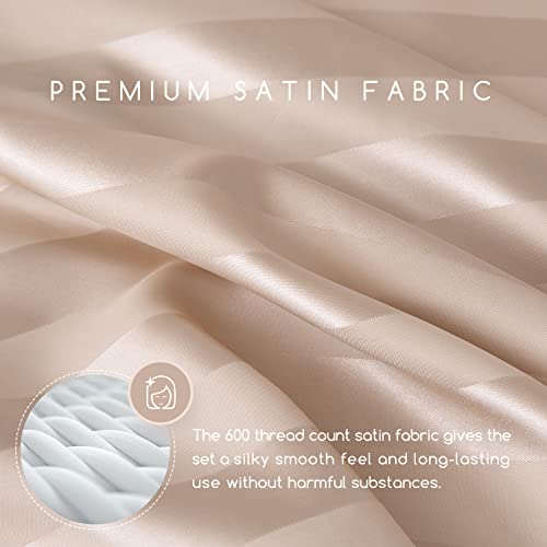 Image of MR&HM Satin Bed Sheets, Twin Size Sheets Set, 3 Pcs Silky Bedding Set with 15 Inches Deep Pocket for Mattress(Twin, Champagne Striped)