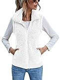 LOMON Women'S Casual Sherpa Fleece Stand Collor Fall Warm Zipper Vest with Pockets White L