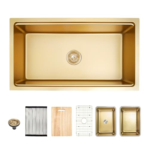 GZOII Gold Undermount Workstation Kitchen Sink, Gold Decor 30 Inch Stainless Steel Single Bowl Kitchen Sink with Accessories, 30×18×9 Inch by GZOII - Used condition - US$127.10