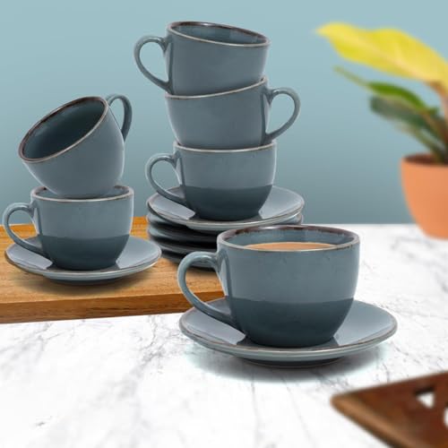 Image of 'Ocean Mist Blue' Durable Ceramic Tea Cup with Saucer Set of 12pcs(6Cup & 6Saucer) | Elegant Chai Cup | Microwave & Dishwasher Safe | Drinkware for Home, Office, Cafe, Guests Serving & Gifting