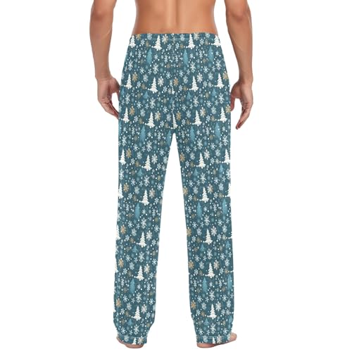 Mens Cotton Pajama Pants Sleep Lounge Pj Bottoms Sleepwear with Pockets Drawstring S Snowflake Tree Blue White3