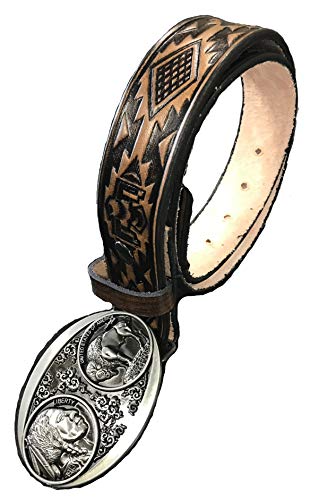 Native Indian Design Handmade Mens Leather Belt With Buffalo Nickle Design Buckle Western Work Casual 1.5" Wide Color Cocoa Brown (32) #TOP2