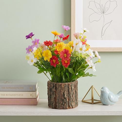 Image of Dekorly Artificial Multi Colore Daisy Flower with Real Wooden Vase (28CM Overall Height) | Decorative Lifelike Faux Floral Plant in Rustic Tree Log Pot for Living Room(Multi Colour Daisy)