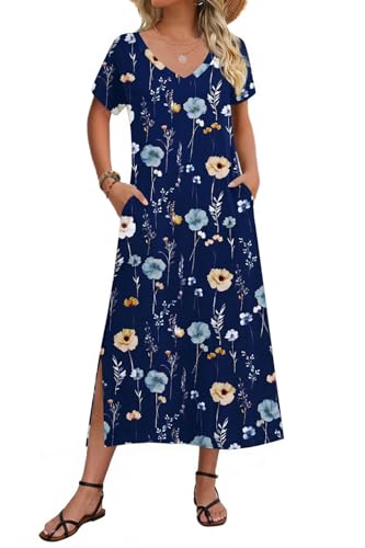 Image of Zeagoo Women Summer Floral Dress Short Sleeve Beach Dress with Pockets Casual V-Neck Split Long T-Shirt Dress Travel Vacation